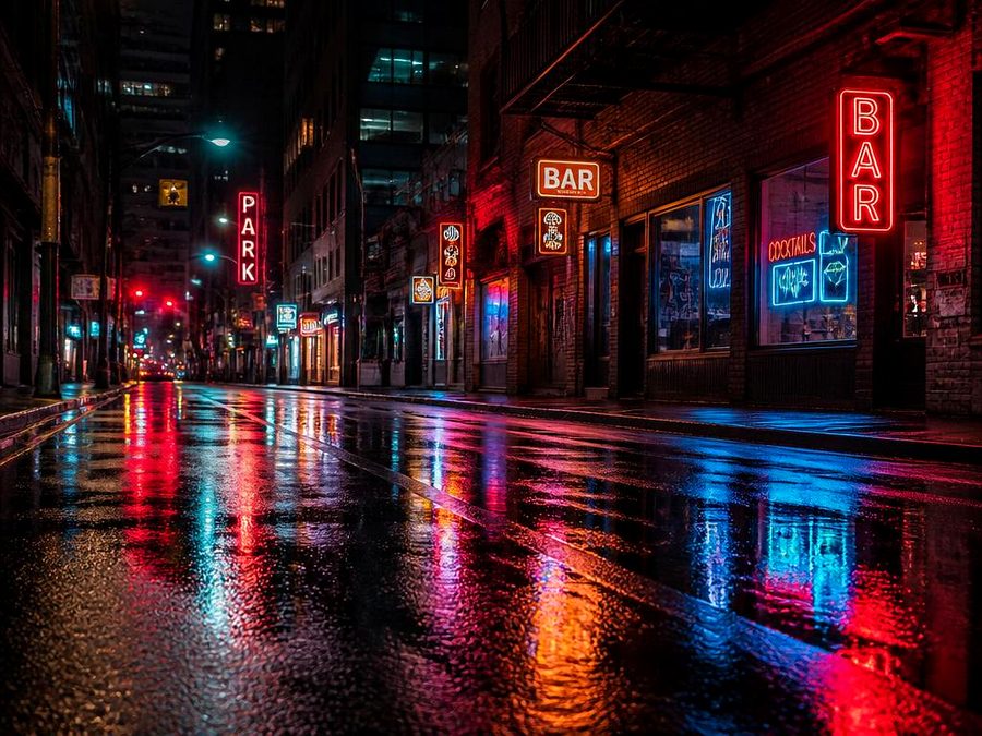 Rainy neon street at night — AI enhanced high-resolution version